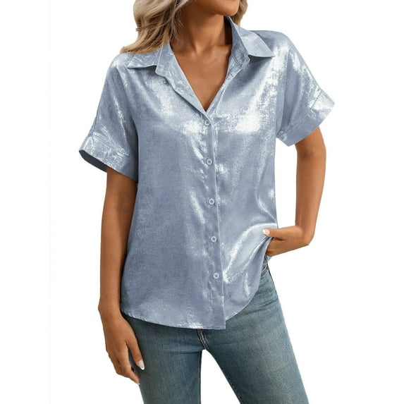 WREESH Women's Shiny Button Down Shirt Short Sleeve Lapel Collar Business Casual Beach Top