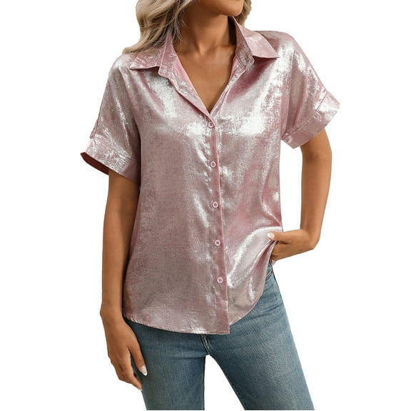 WREESH Women's Shiny Button Down Shirt Short Sleeve Lapel Collar Business Casual Beach Top