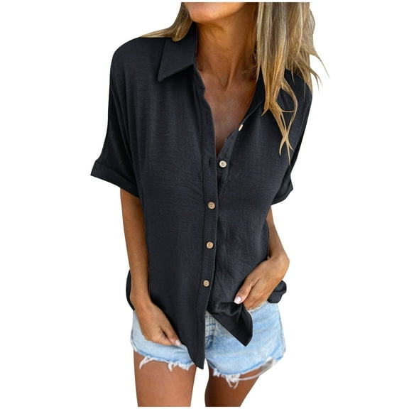 WREESH Womens Button Down Shirt Short Sleeve Summer Casual Lapel Collar Dressy Loose Blouse