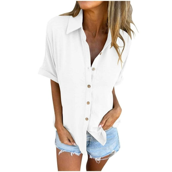 WREESH Womens Button Down Shirt Short Sleeve Summer Casual Lapel Collar Dressy Loose Blouse