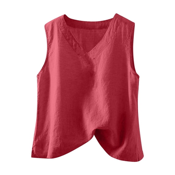 WREESH Women's Cotton Linen Tank Top V Neck Sleeveless Casual Summer Blouse Basic Shirt with Slit Hem