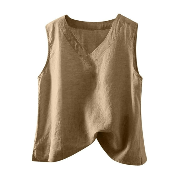 WREESH Women's Cotton Linen Tank Top V Neck Sleeveless Casual Summer Blouse Basic Shirt with Slit Hem