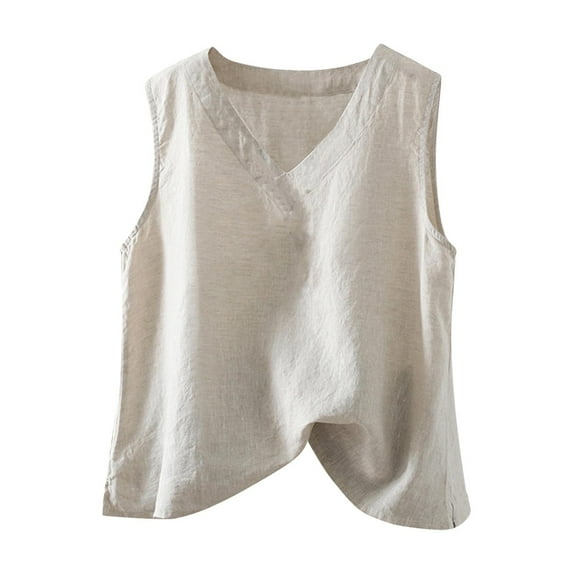 WREESH Women's Cotton Linen Tank Top V Neck Sleeveless Casual Summer Blouse Basic Shirt with Slit Hem