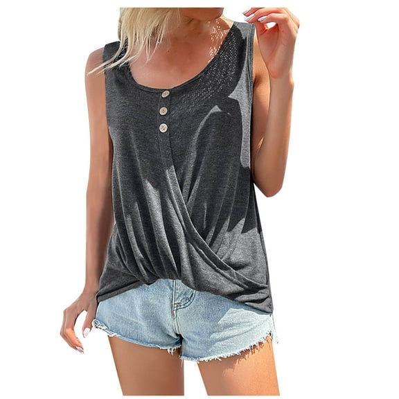 WREESH Women Summer 2025 Sleeveless Scoop Neck Twist Knot Hem Button Down Tank Top Blouse Casual