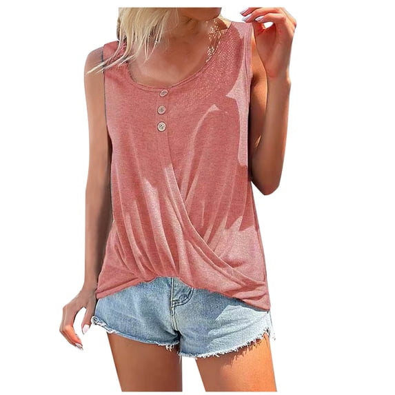 WREESH Women Summer 2025 Sleeveless Scoop Neck Twist Knot Hem Button Down Tank Top Blouse Casual
