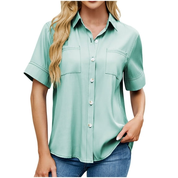 WREESH Womens Button Down Shirt V Neck Short Sleeve Casual Summer Blouse Work Top Pocket
