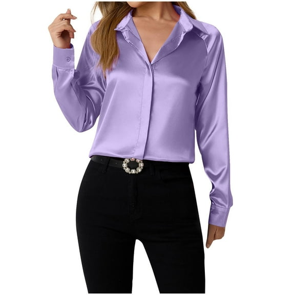 WREESH Women's Satin Silk Button Down Shirt Long Sleeve Soft Casual Business Blouse Top