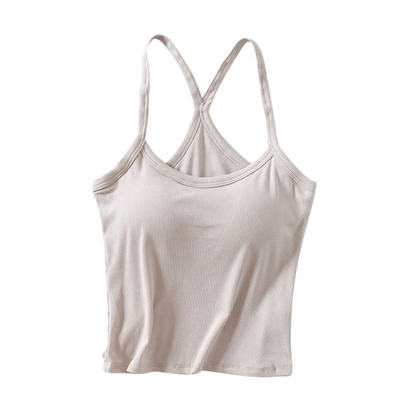 WREESH Womens Spaghetti Strap Cami Top Built in Bra Scoop Neck Seamless Summer Crop Top