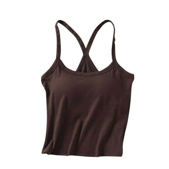 WREESH Womens Spaghetti Strap Cami Top Built in Bra Scoop Neck Seamless Summer Crop Top