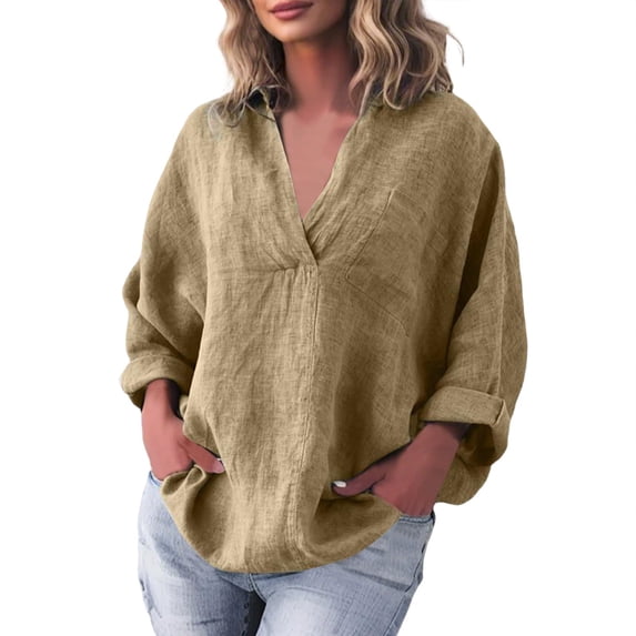 WREESH 2025 Fashion Tops Women's Solid V-Neck Casual Pullover Long Sleeved Pocket Top