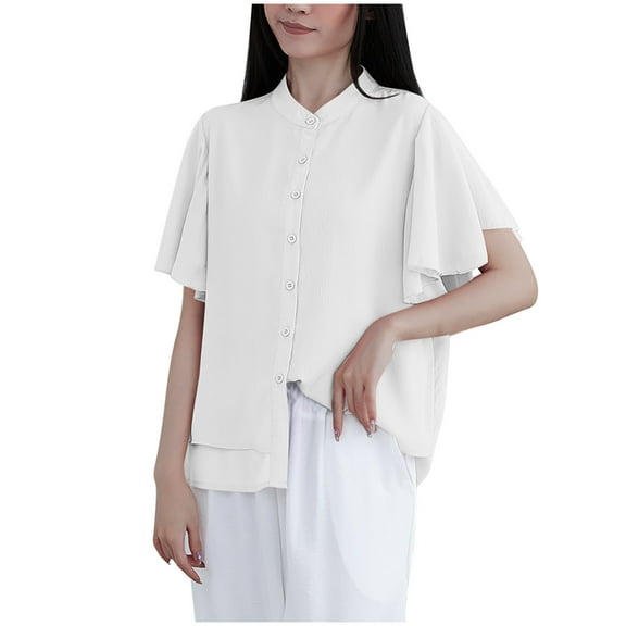 WREESH Women's Chiffon Button Down Shirt Mandarin Collar Ruffle Sleeve Flowy Summer Blouse