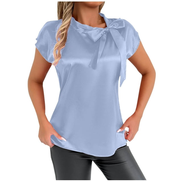 WREESH 2025 Fashion Tops Women's Summer Solid Color Round-Neck Short Sleeve Shirts Top Blouse