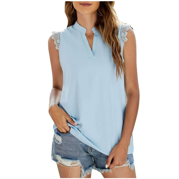 WREESH Women's Sleeveless V Neck Office Blouse Elegant Lace Trims Casual Lightweight Work Shirt Tops