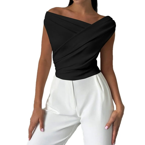 WREESH Womens Off Shoulder Wrap Top Sleeveless Ruched Slim Fit Stretchy Party Shirt Dressy