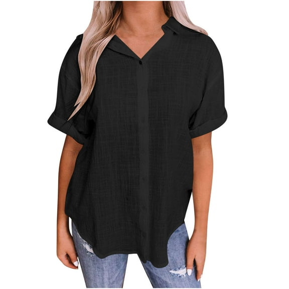 WREESH Women's Linen Button Down Shirt Short Sleeve V Neck Casual Solid Loose Summer Tunic Tops