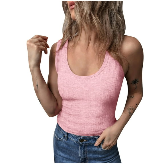 WREESH Women Fitted Crop Ribbed Knit Scoop Neck Tank Top Sleeveless Casual Summer Basic Tee