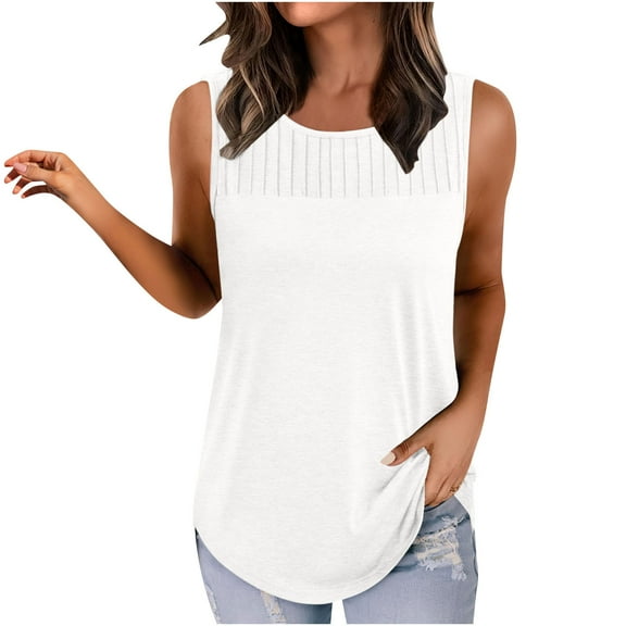 WREESH Women's Sleeveless Tunic Tank Top Pleated Crew Neck Summer Dressy Casual Blouse Loose Fit Comfort