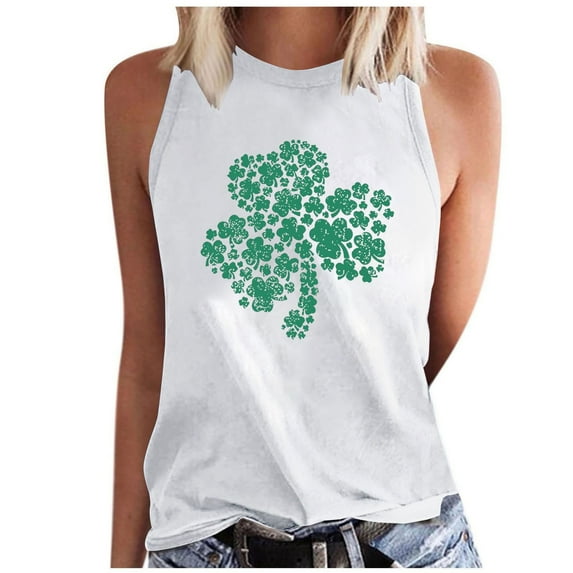 WREESH 2025 Fashion Women's St. Patrick's Day Sleeveless Tank Tops Casual Loose Fit Shamrock Printed Crew Neck T-Shirts for Irish Celebrations