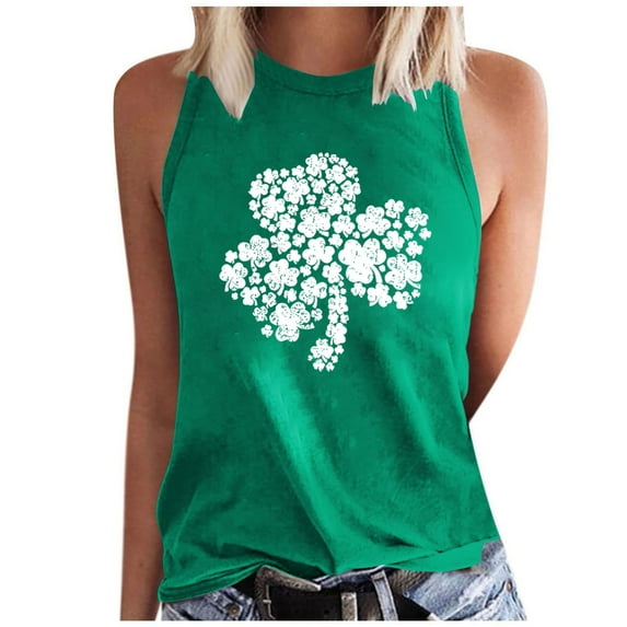 WREESH 2025 Fashion Women's St. Patrick's Day Sleeveless Tank Tops Casual Loose Fit Shamrock Printed Crew Neck T-Shirts for Irish Celebrations