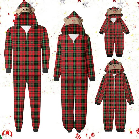 WREESH 2025 Mens Plaid Hooded Onesie Christmas Family Matching Pajamas Cozy Fleece Loungewear Long Sleeve Holiday Sleepwear Set