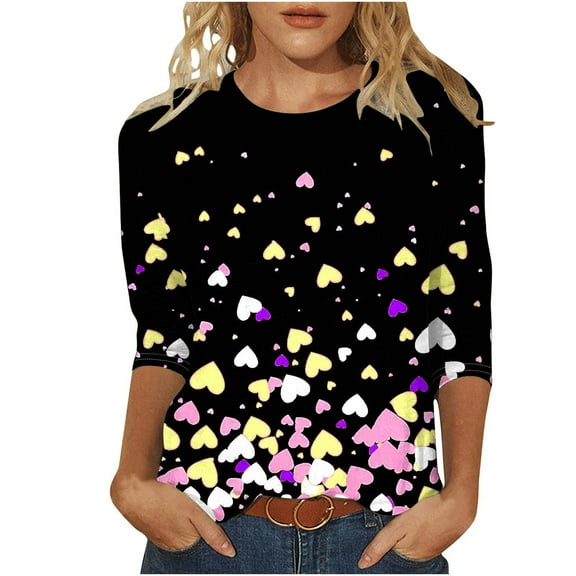 WREESH 3/4 Length Sleeve Womens Tops Valentine's Trendy Heart Printed Shirts Blouses for Summer T-Shirts Green