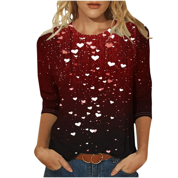 WREESH 3/4 Length Sleeve Womens Tops Valentine's Trendy Heart Printed Shirts Blouses for Summer T-Shirts Wine