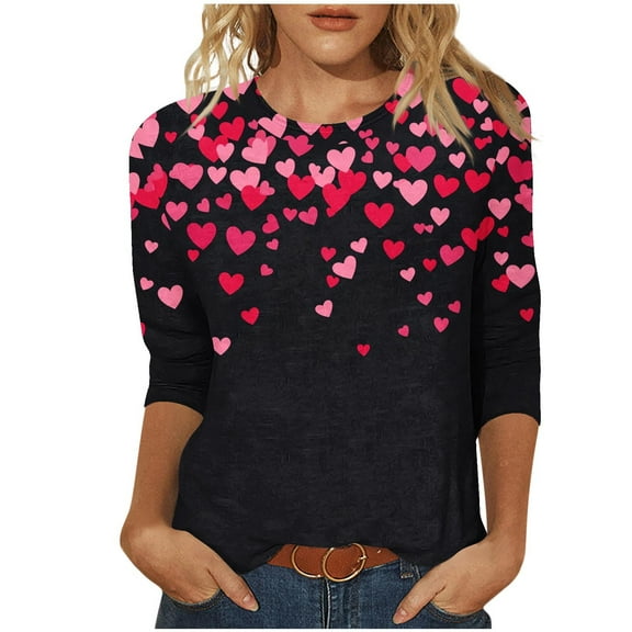 WREESH 3/4 Sleeve Tops Women Valentine's Trendy Printed Shirts Blouses 2025 Spring Summer Casual T-Shirts Pink