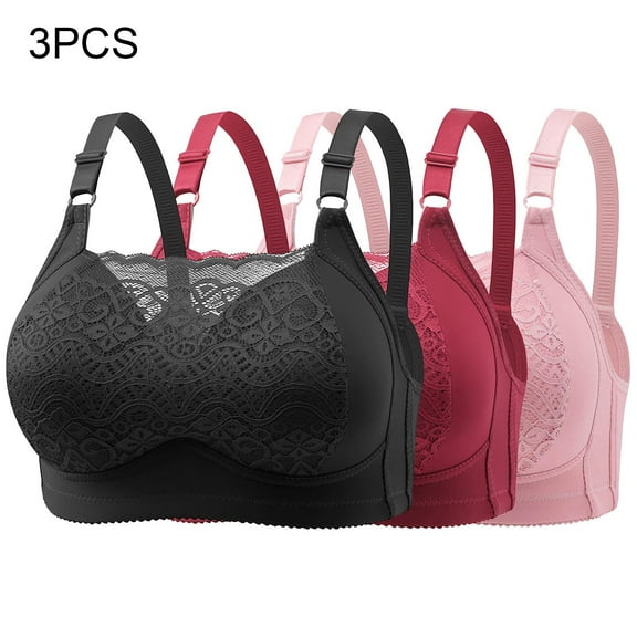 WREESH 3 Pack Full Support Bra Women Embroidered Glossy Comfortable Breathable Bra Underwear No Rims Lace Padded Bra Underwear Black