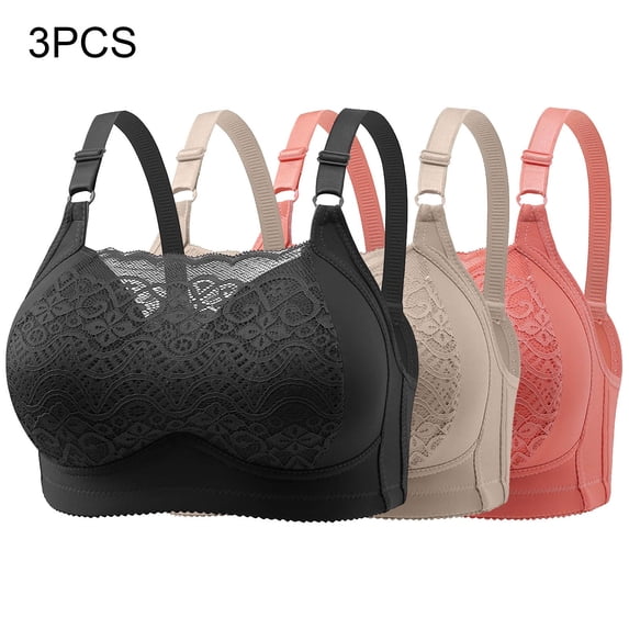 WREESH 3 Pack Full Support Bra Women Embroidered Glossy Comfortable Breathable Bra Underwear No Rims Lace Padded Bra Underwear Orange