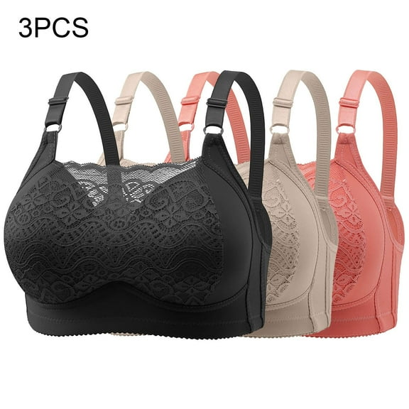 WREESH 3 Pack Full Support Bra Women Embroidered Glossy Comfortable Breathable Bra Underwear No Rims Lace Padded Bra Underwear Orange