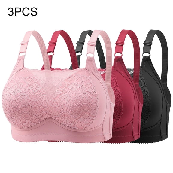 WREESH 3 Pack Full Support Bra Women Embroidered Glossy Comfortable Breathable Bra Underwear No Rims Lace Padded Bra Underwear Pink