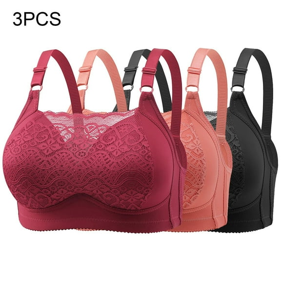 WREESH 3 Pack Full Support Bra Women Embroidered Glossy Comfortable Breathable Bra Underwear No Rims Lace Padded Bra Underwear Wine