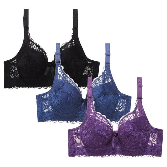WREESH 3 Pack Lace Bralette for Women Adjustable Strap Push Up Bras Soft Padded Wireless Plunge Bra Comfortable Everyday No Underwire Bras Black