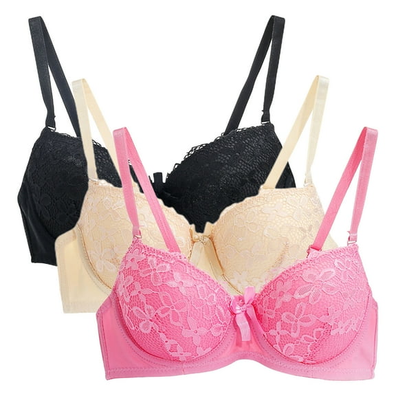 WREESH 3 Pack Push-Up Bra Adaptive Bra Women Elegant Oversized Bra Super Gathered Lingerie Elegant Lace Bra Large Chest Small Size Adjustable Shoulder Straps Lace Adaptive Bra Underwear Hot Pink