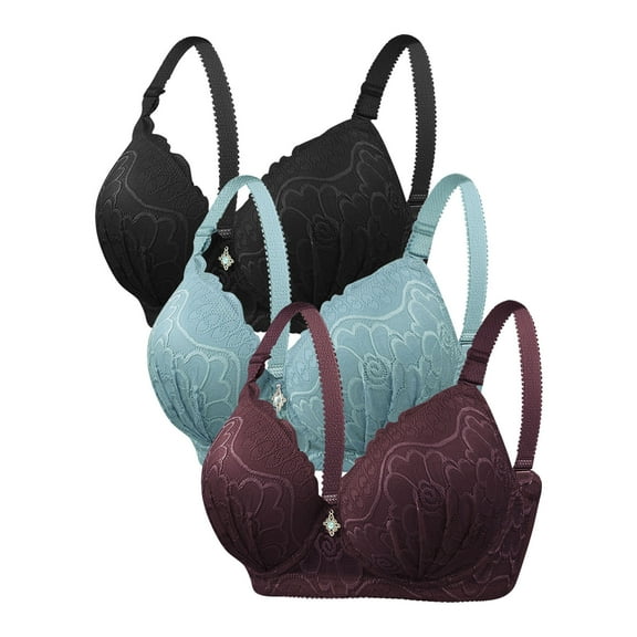 WREESH 3 Pack Push-Up Bra Adaptive Bra Women Embroidered Glossy Comfortable Breathable Bra Underwear No Underwire Bras Underwear Black