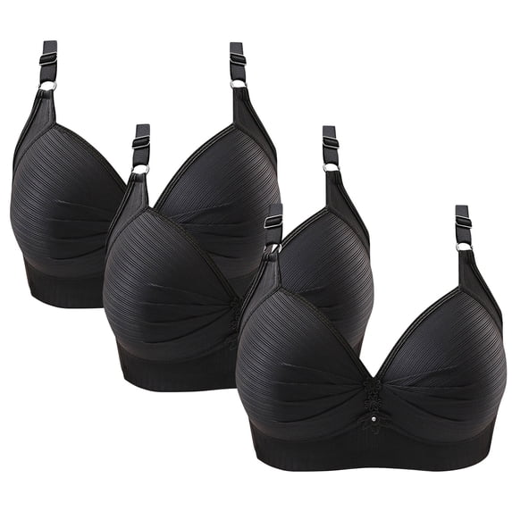 WREESH 3 Pack Push-Up Bra Adaptive Bra Women Printing Gathered Together Large Size Daily Bra Underwear No Underwire Bras Underwear Black