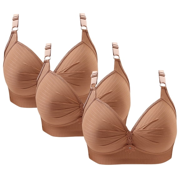 WREESH 3 Pack Push-Up Bra Adaptive Bra Women Printing Gathered Together Large Size Daily Bra Underwear No Underwire Bras Underwear Brown