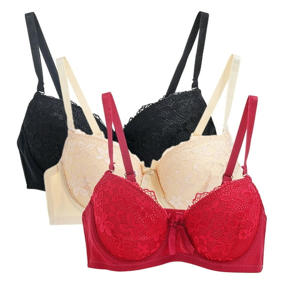 WREESH 3 Pack Push-Up Bra Adaptive Bra Women Elegant Oversized Bra Super Gathered Lingerie Elegant Lace Bra Large Chest Small Size Adjustable Shoulder Straps Lace Adaptive Bra Underwear Wine