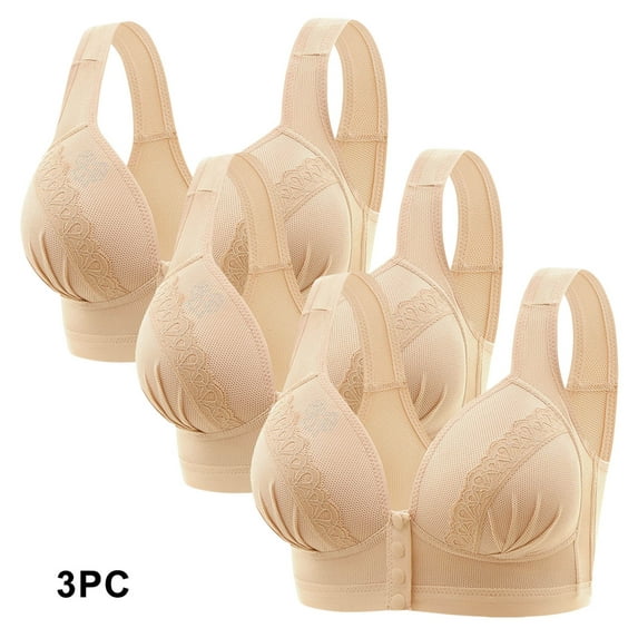WREESH 3 Pack Push-Up Bra Ladies Wireless Comfortable No Underwire Bras Breathable Gathering Front Opening Buckle Bra Women Underwear Beige