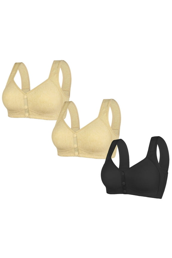 3 Pack Push-Up Bra Women Solid Color Large Breathable No Underwire Bras Front Opening Bra Wrapped Up Cup Side Fold Breast Lift Bra Underwear Black