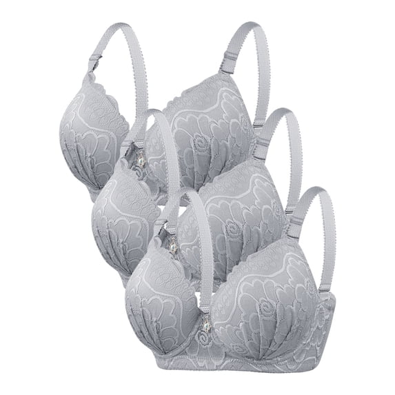WREESH 3 Pack Push-Up Bra Women Solid Color Underwire Bras Oversized Gathering Underwear Daily Bra Underwear Gray