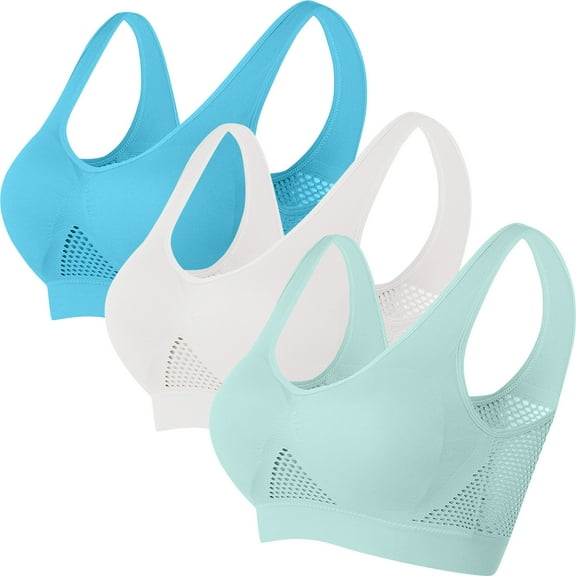 WREESH 3 Pack Seamless Sports Bras for Women Breathable Cool Bras Comfortable Mesh Workout Yoga Bra Support Scoop Bras Blue