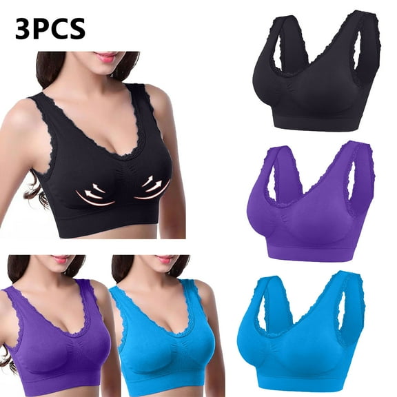 WREESH 3 Pack Support Bra Adaptive Bra Women Lace Splicing Glossy Comfortable Breathable Bra Underwear No Underwire Bras Underwear Black