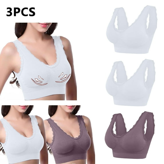 WREESH 3 Pack Support Bra Adaptive Bra Women Lace Splicing Glossy Comfortable Breathable Bra Underwear No Underwire Bras Underwear Gray