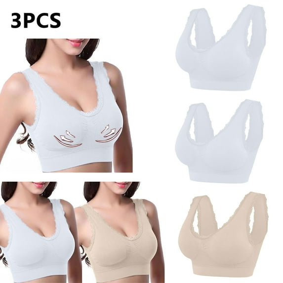 WREESH 3 Pack Support Bra Adaptive Bra Women Lace Splicing Glossy Comfortable Breathable Bra Underwear No Underwire Bras Underwear White