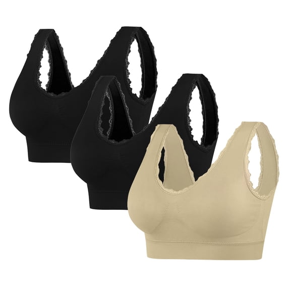 WREESH 3 Pack Support Bra Adaptive Bra Women Yoga Solid Sleeveless Cold Shoulder Casual Tanks Blouse Tops Intimates Seamless Padded Bra Underwear Beige