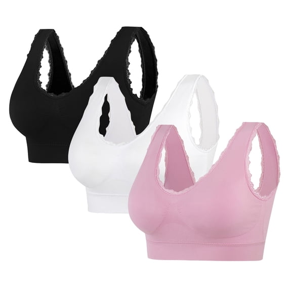 WREESH 3 Pack Support Bra Adaptive Bra Women Yoga Solid Sleeveless Cold Shoulder Casual Tanks Blouse Tops Intimates Seamless Padded Bra Underwear Pink