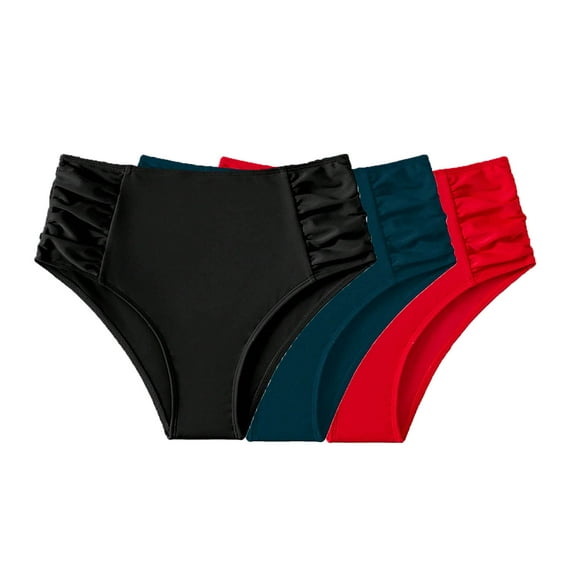 WREESH 3-Pack Women's High-Waisted Ruched Bikini Bottoms, Tummy Control Swimwear, Quick-Dry Bathing Suit Bottom