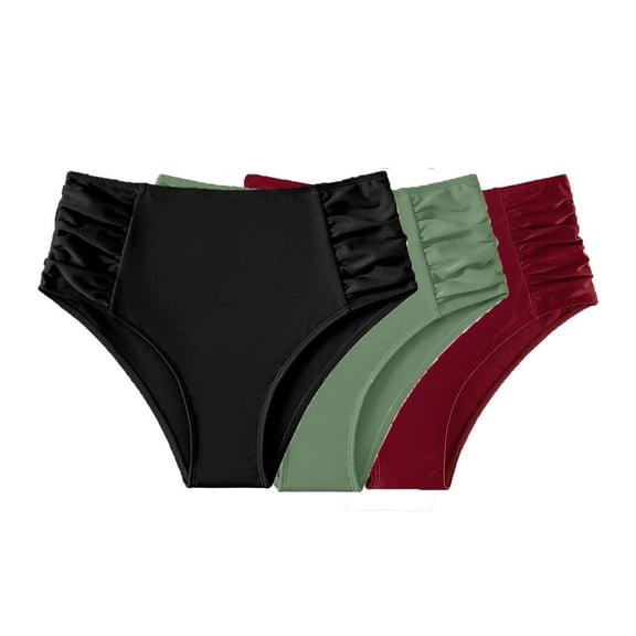 WREESH 3-Pack Women's High-Waisted Ruched Bikini Bottoms, Tummy Control Swimwear, Quick-Dry Bathing Suit Bottom
