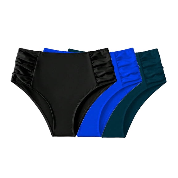 WREESH 3-Pack Women's High-Waisted Ruched Bikini Bottoms, Tummy Control Swimwear, Quick-Dry Bathing Suit Bottom